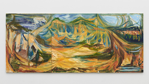Sarah Cunningham
I Will Look Into the Earth, 2023
Oil on Canvas
180 x 420 x 4 cm
70 7/8 x 165 3/8 x 1 5/8 in
 Sarah Cunningham's painting displayed at the Lisson Gallery.